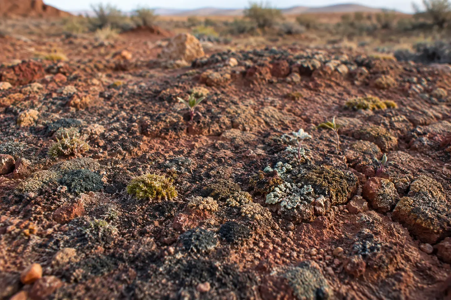 Nahansicht einer vielfältigen biologischen Bodenkruste aus Moosen, Flechten und dunklen Cyanobakterien auf trockenem Boden