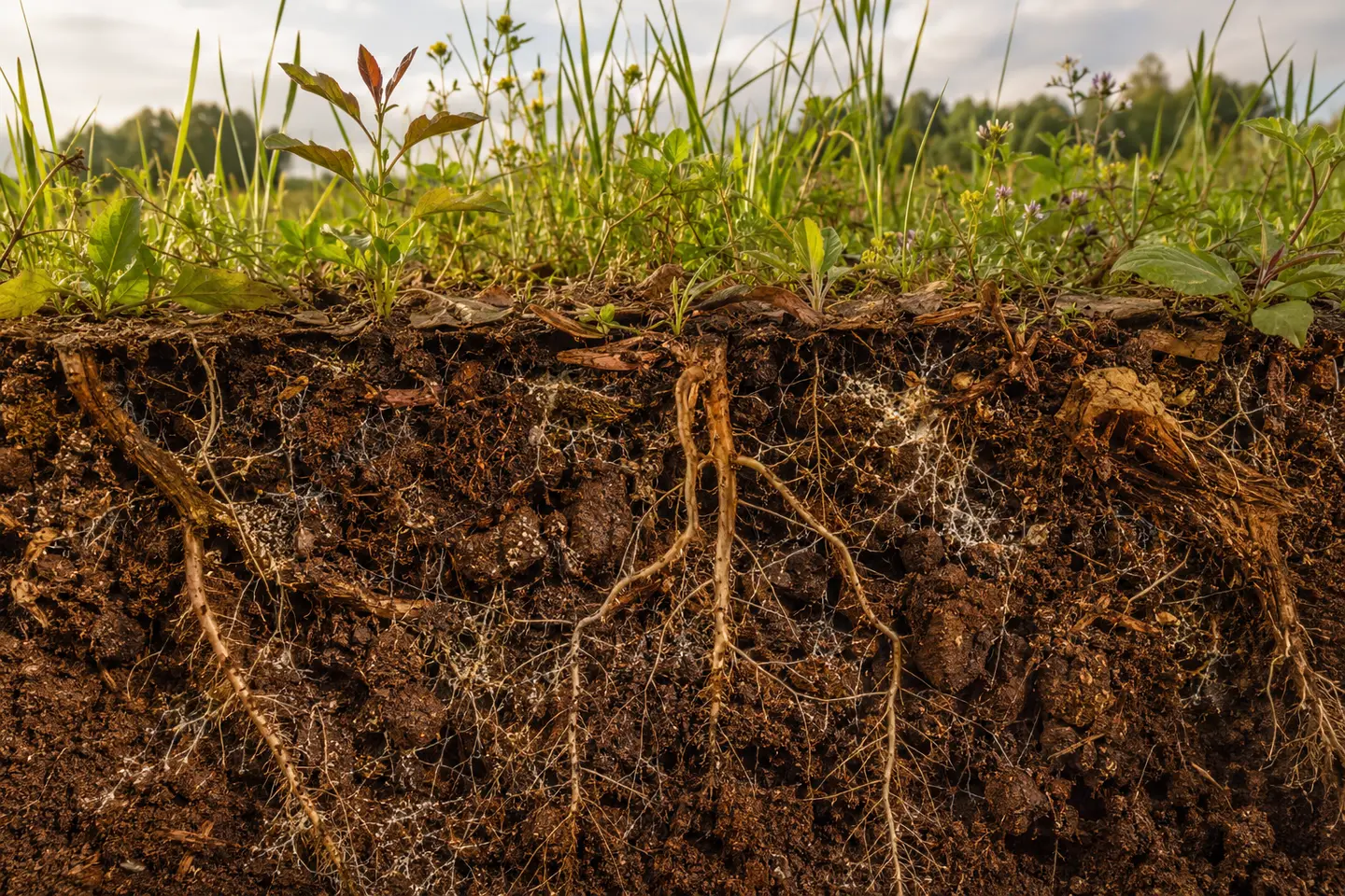 Robuste junge Vegetation über Wurzeln, Pilzmyzel, dunklen Bodenaggregaten und zersetzenden Pflanzenresten