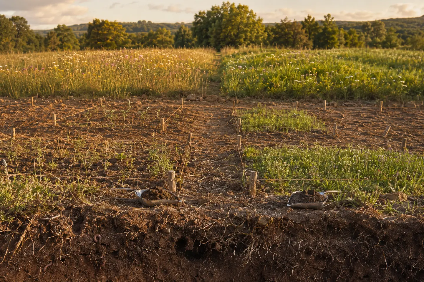 Zwei intakte Graslandflächen als Herkunft und kleine restaurierte Versuchsparzellen mit unterschiedlicher Vegetation