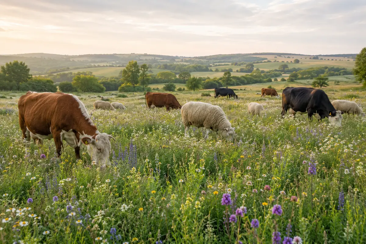 Kühe und Schafe auf einer artenreichen Wildblumenwiese