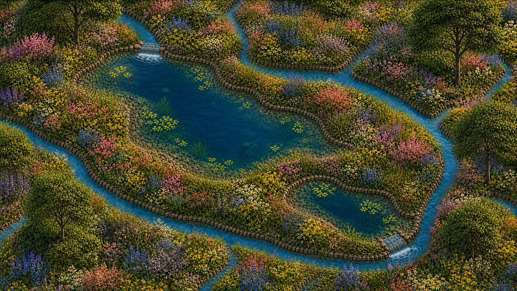Konzeptionelle Visualisierung eines organisch geformten hydraulischen Strömungsbiotops mit zwei Becken, Ringkanal, Serpentinen und vielfältiger Vegetation